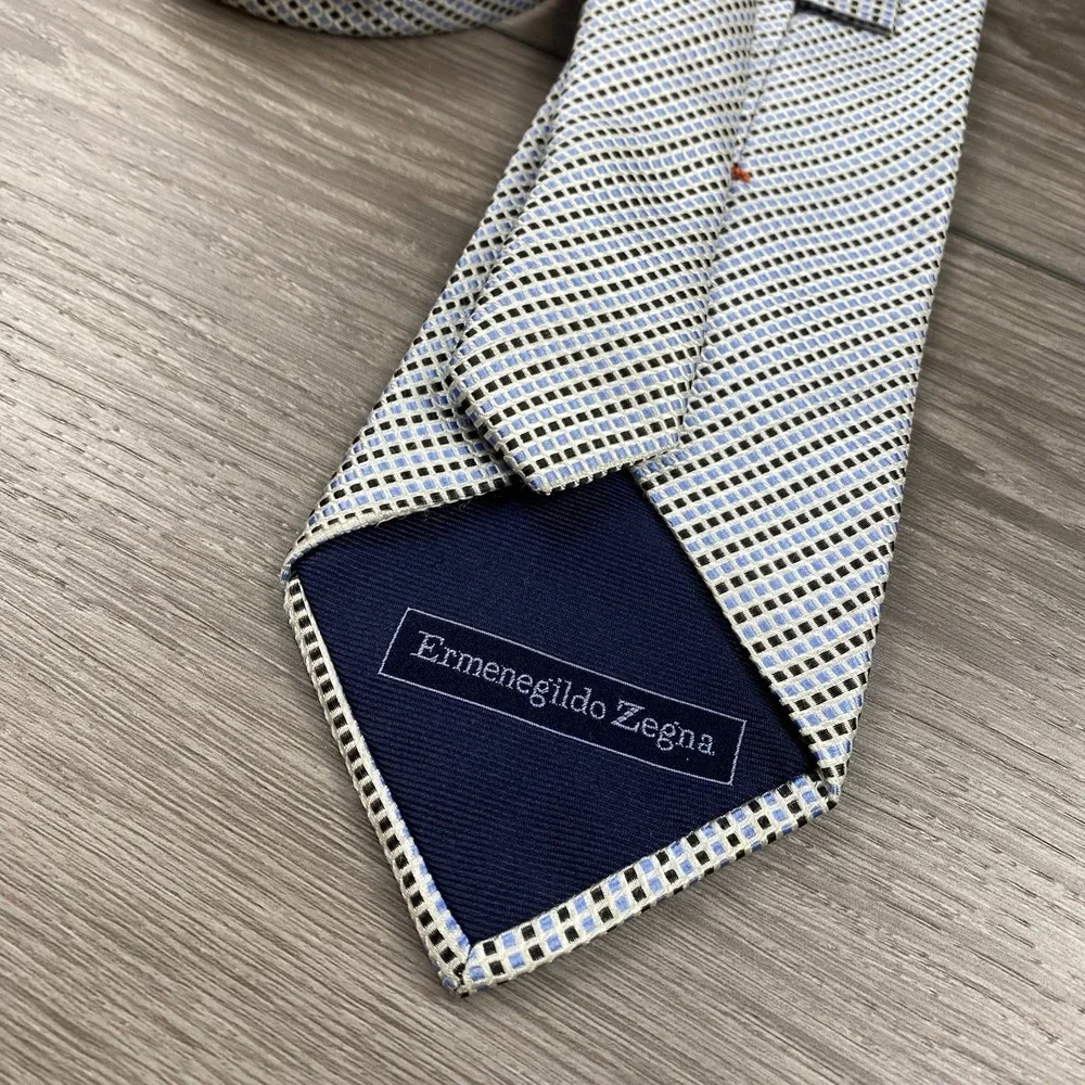 Ermenegildo Zegna Men's 100% Silk Neck Tie Blue Black‎ Beige Squares